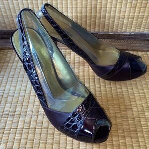 🆕VIA SPIGA- Leather&Patent Leather Brown Pumps w/Peep Toe/Slingback Sz 9 1/2